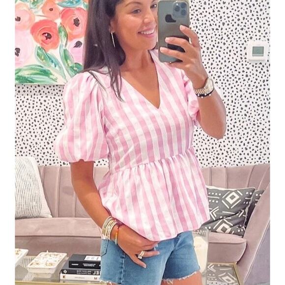 CROSBY Mollie Burch Jackie Puff Sleeve V-neck Top Medium Pink White Gingham - Picture 7 of 10